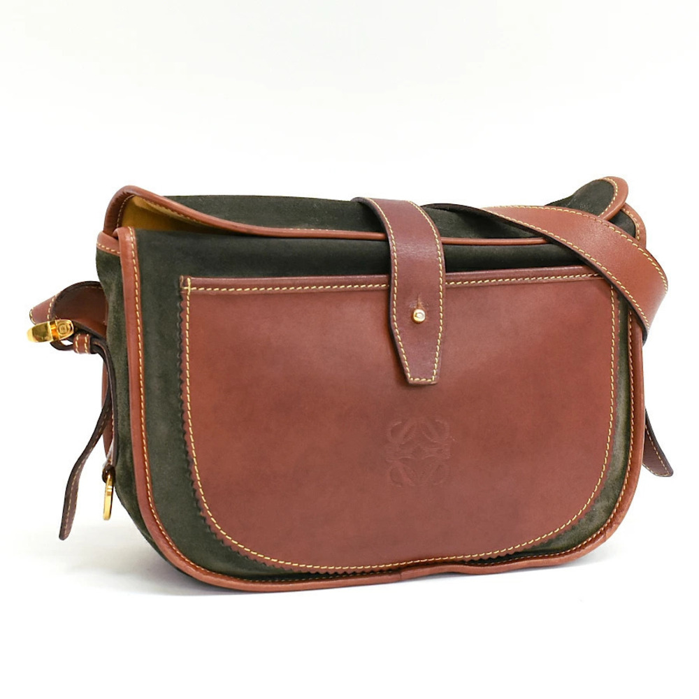Loewe Crossbody Bag Suede Anagram Embossed Deep Green Brown